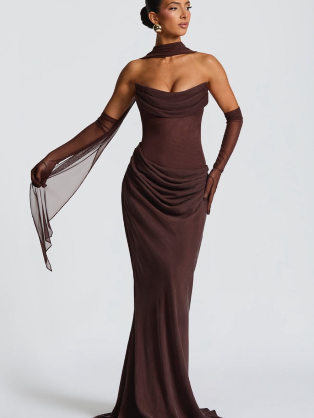 Strapless Brown Draped Evening Gown with Sheer Shawl